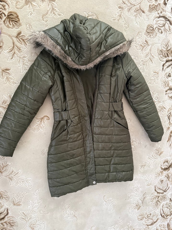 Haki Uzun Kadın Kışlık Mont Kürklü Kapüşonlu - Görsel 2