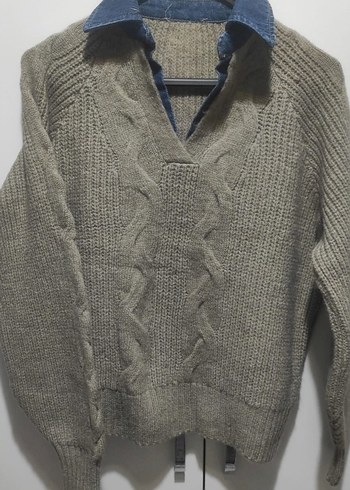 Yakalı Beyaz Örgü Kadın Kazak - Görsel 4