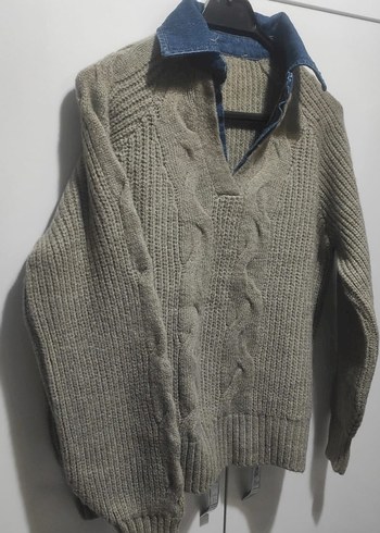 Yakalı Beyaz Örgü Kadın Kazak - Görsel 5