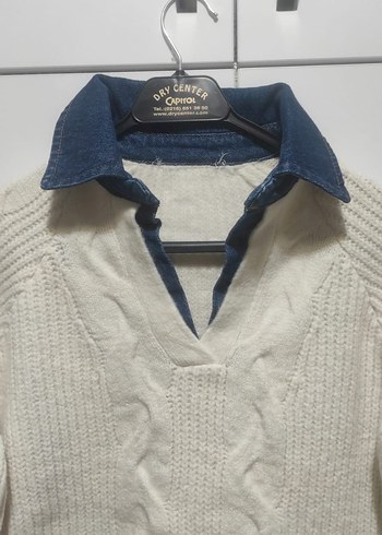 Yakalı Beyaz Örgü Kadın Kazak - Görsel 2