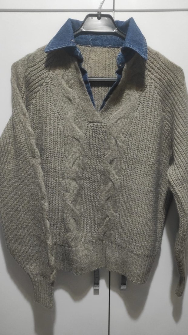 Yakalı Beyaz Örgü Kadın Kazak - Görsel 4