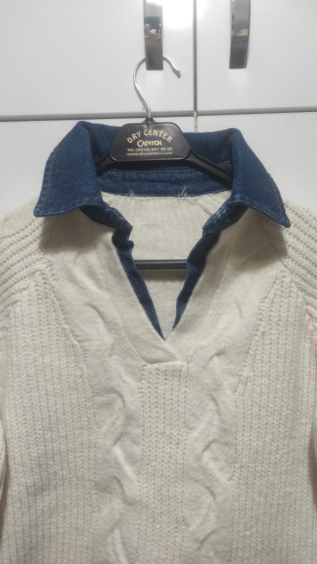 Yakalı Beyaz Örgü Kadın Kazak - Görsel 2