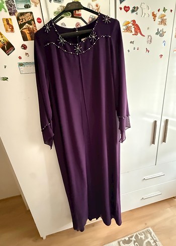 Mor Uzun Kollu V Yaka Kadın Abiye Elbise - Görsel 2