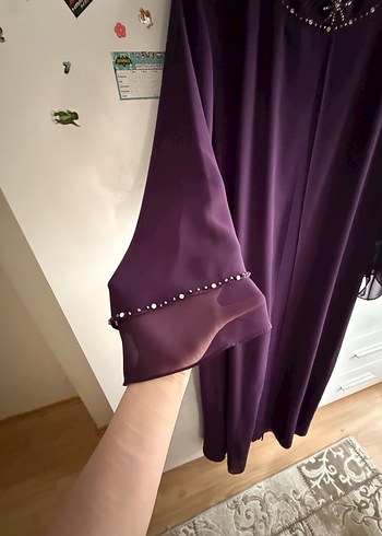 Mor Uzun Kollu V Yaka Kadın Abiye Elbise - Görsel 4