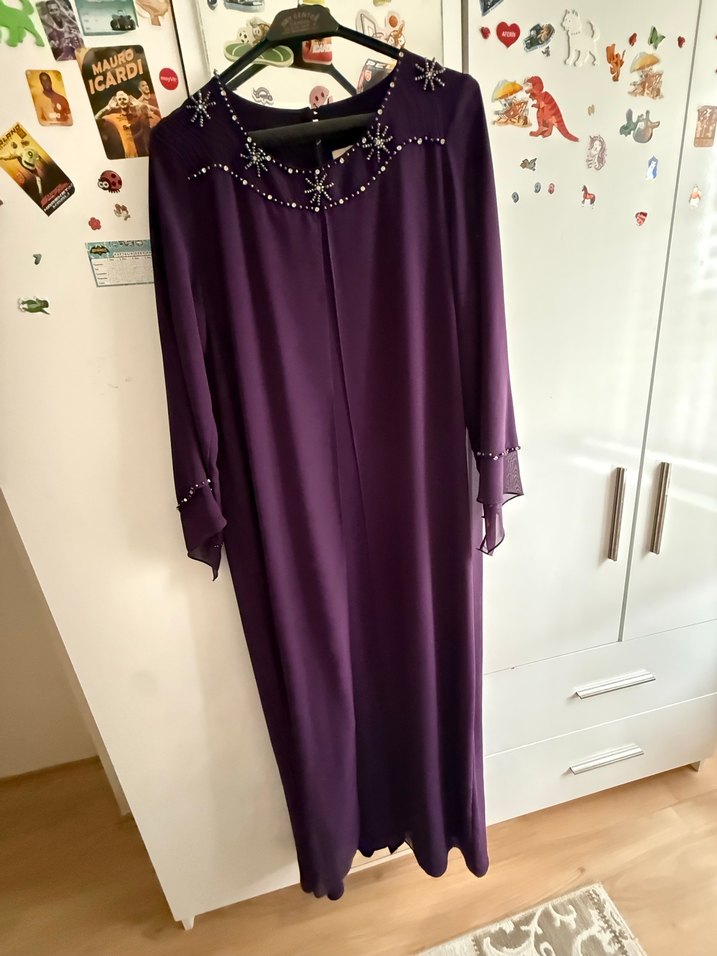 Mor Uzun Kollu V Yaka Kadın Abiye Elbise - Görsel 2