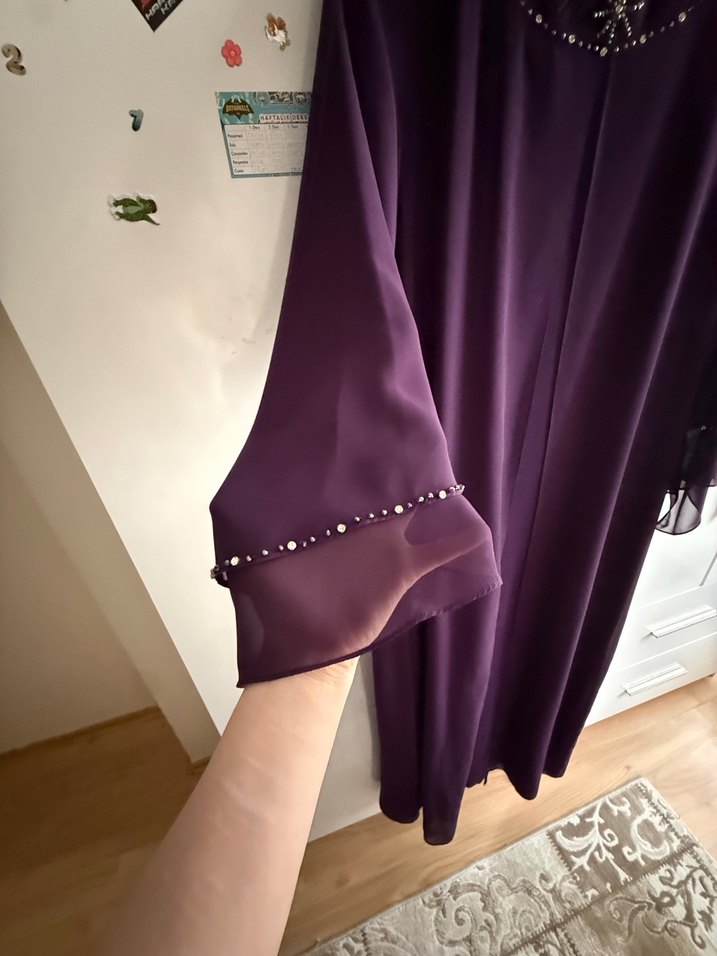 Mor Uzun Kollu V Yaka Kadın Abiye Elbise - Görsel 4