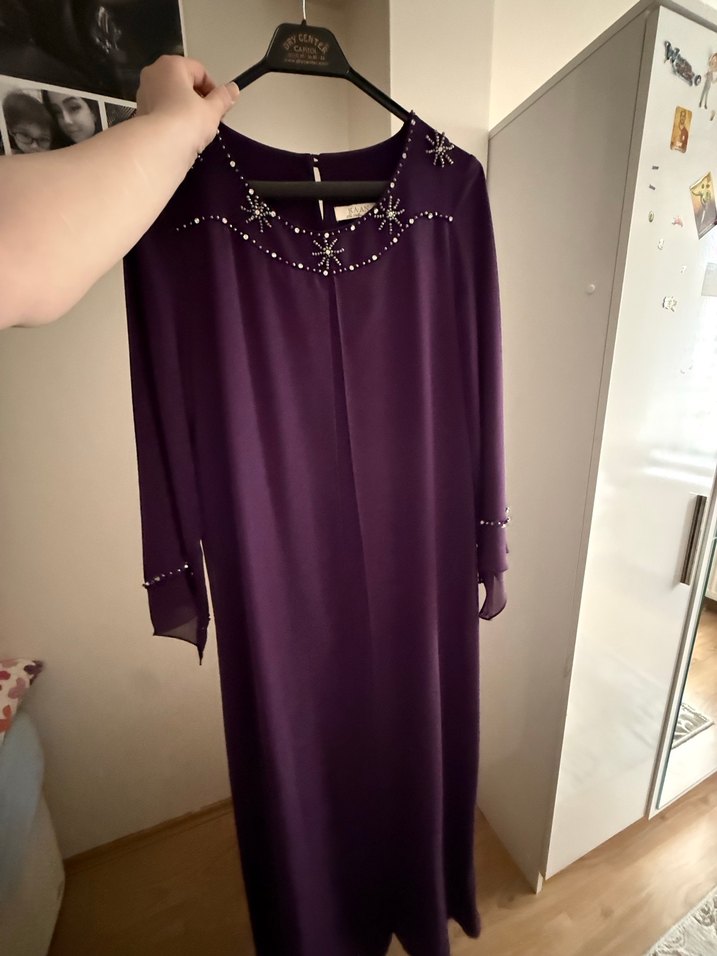 Mor Uzun Kollu V Yaka Kadın Abiye Elbise - Görsel 3