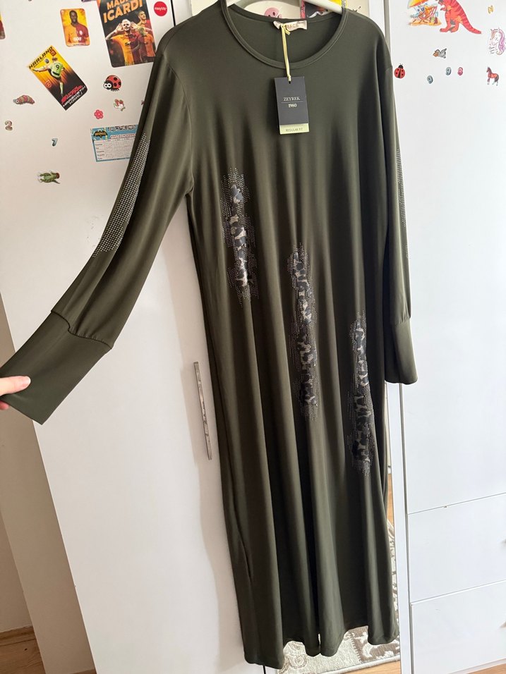 Nakışlı Kadın Haki Uzun Kollu Elbise - Görsel 2