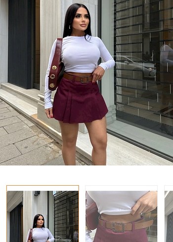 Bordo Kemerli Mini Etek - Görsel 3