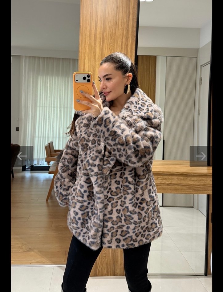 Leopar pembe yakalı kürk - Görsel 3