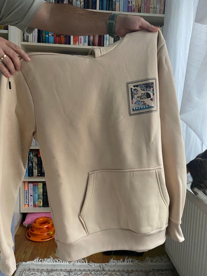 Bej Sweatshirt Bisiklet Yaka Baskılı - Görsel 4