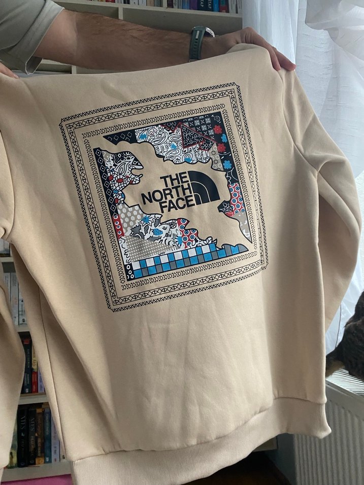 Bej Sweatshirt Bisiklet Yaka Baskılı - Görsel 2