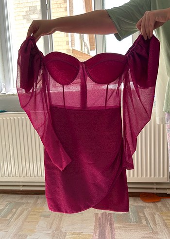 Pembe Drapeli Straplez Mini Elbise - Görsel 4