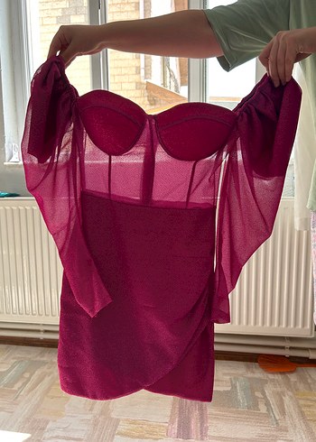 Pembe Drapeli Straplez Mini Elbise - Görsel 3