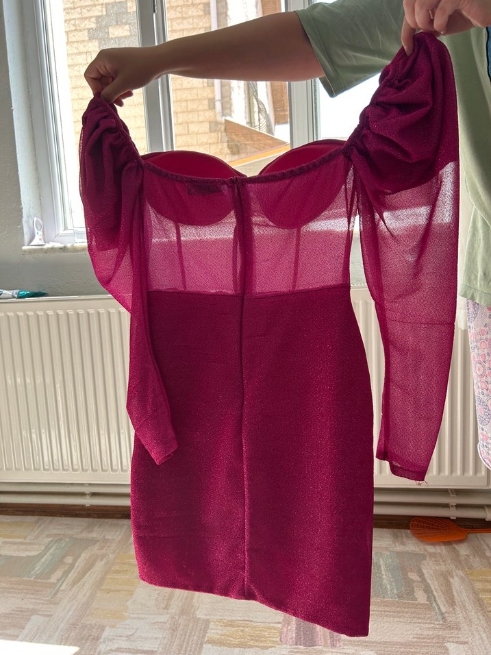 Pembe Drapeli Straplez Mini Elbise - Görsel 5