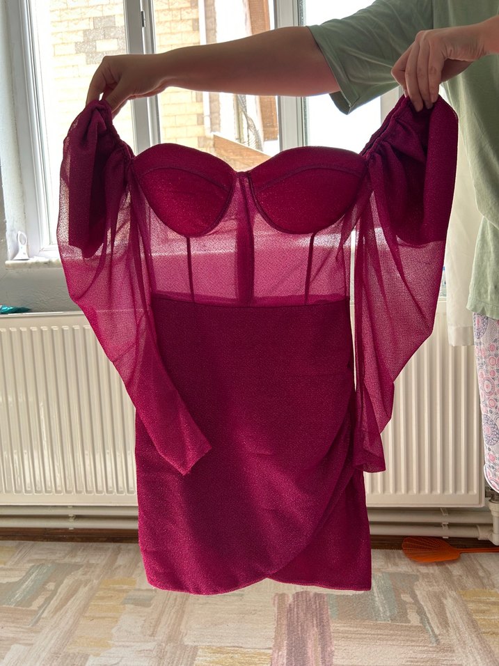 Pembe Drapeli Straplez Mini Elbise - Görsel 4