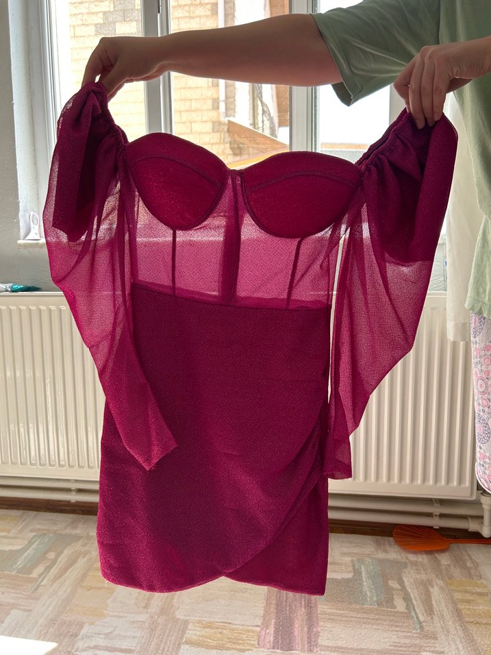 Pembe Drapeli Straplez Mini Elbise - Görsel 3