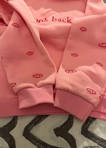 s Beden pembe Renk Pembe Kapüşonlu Baskılı Kadın Sweatshirt