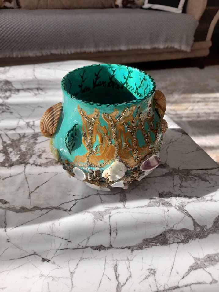 Parlak Turkuaz Deniz Kabuklu Vazo - Görsel 2