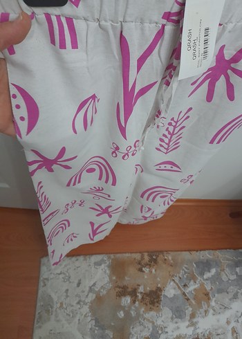 Pembe Baskılı Mini Bohem Kadın Kumaş Pantolon - Görsel 2