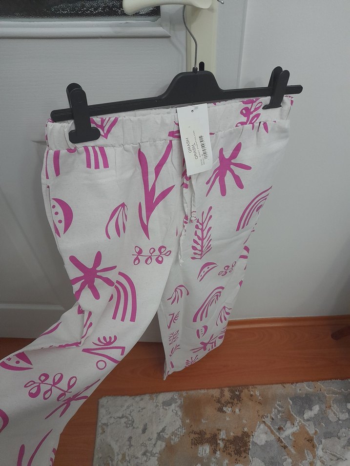 Pembe Baskılı Mini Bohem Kadın Kumaş Pantolon - Görsel 3