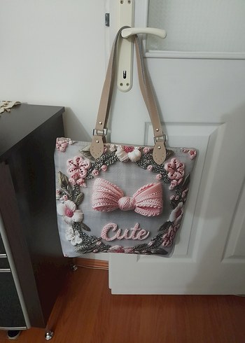 Pembe Nakışlı Örgü Kumaş Kadın Çanta - Görsel 4