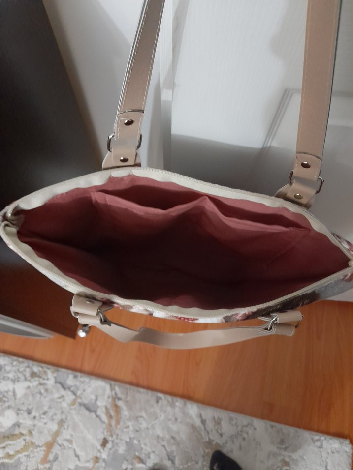 Pembe Nakışlı Örgü Kumaş Kadın Çanta - Görsel 2