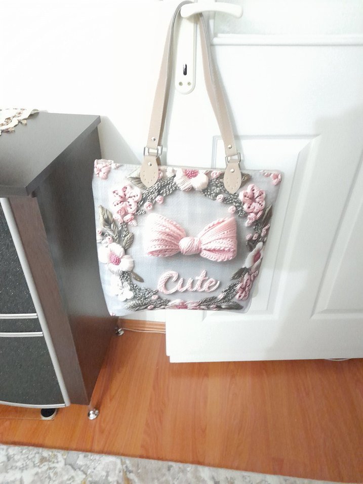 Pembe Nakışlı Örgü Kumaş Kadın Çanta - Görsel 3