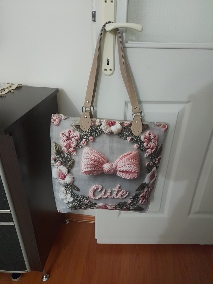 Pembe Nakışlı Örgü Kumaş Kadın Çanta - Görsel 4