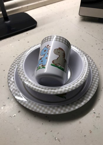Beden Bohem Şık Beyaz Gri Tabak ve Bardak bebek mama Seti