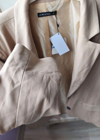 m Beden Bej Düğmeli Kadın Keten Blazer Ceket