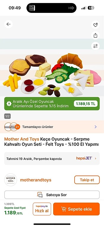 Beden Renk Mother and toys keçe kahvaltı seti