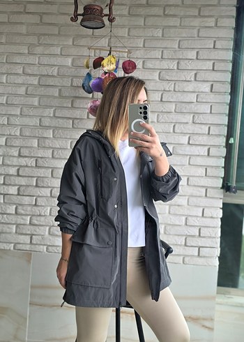 Gri Kadın Midi Boy Rahat Kesim Yağmurluk - Görsel 5