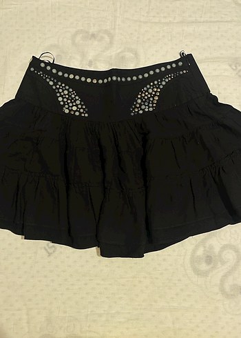 Nakışlı Siyah Volanlı Midi Etek vintage etek