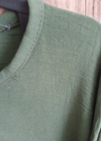 Kadın Yeşil Keten Uzun Kollu Bluz - Görsel 4