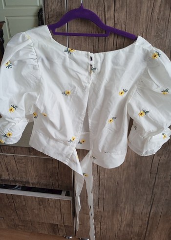 Nakışlı, Kısa Kollu, Bol Kesim Beyaz Bluz - Görsel 3