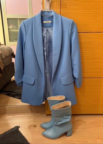 Bambi Mavi Kisa Suet Kadin Blazer Ceket
