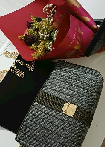 Gri Yılan Desenli Zincir Detaylı Denim Çanta - Görsel 6