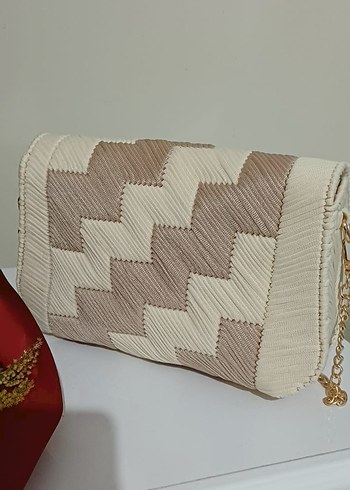 Bej Nakışlı Pileli Kadın Omuz Çantası - Görsel 2