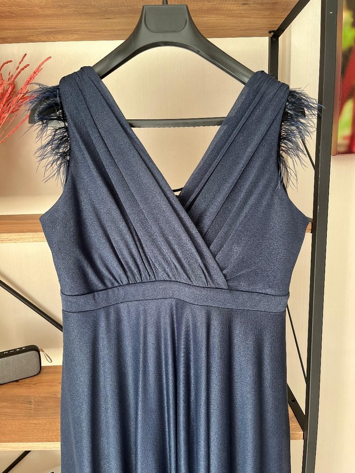 Drapeli V Yakalı Lacivert Uzun Abiye - Görsel 2