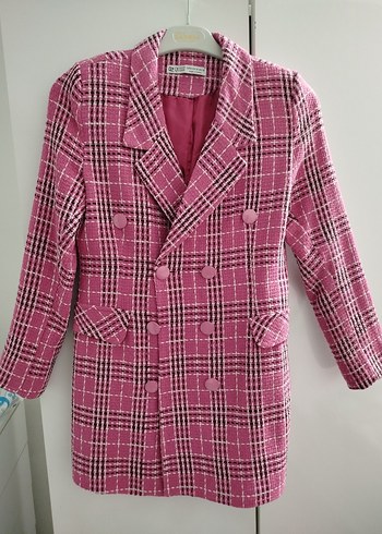 Pembe Ekose Midi Kadın Blazer Ceket - Görsel 3