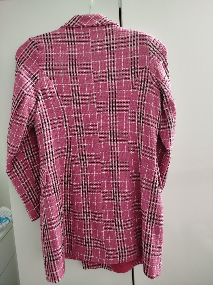 Pembe Ekose Midi Kadın Blazer Ceket - Görsel 2