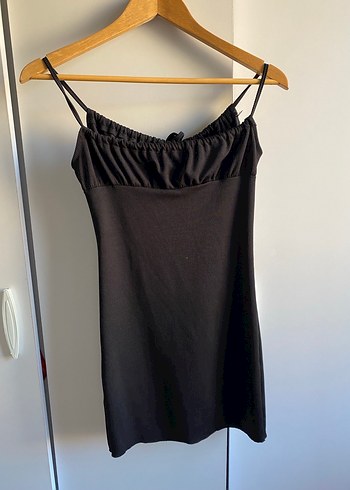 Siyah V Yaka İnce Askılı Mini Elbise - Görsel 2