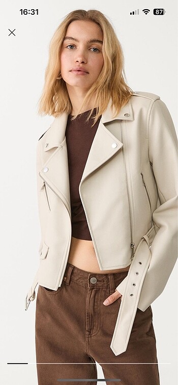 Stradivarius kemerli suni deri biker ceket - Görsel 10