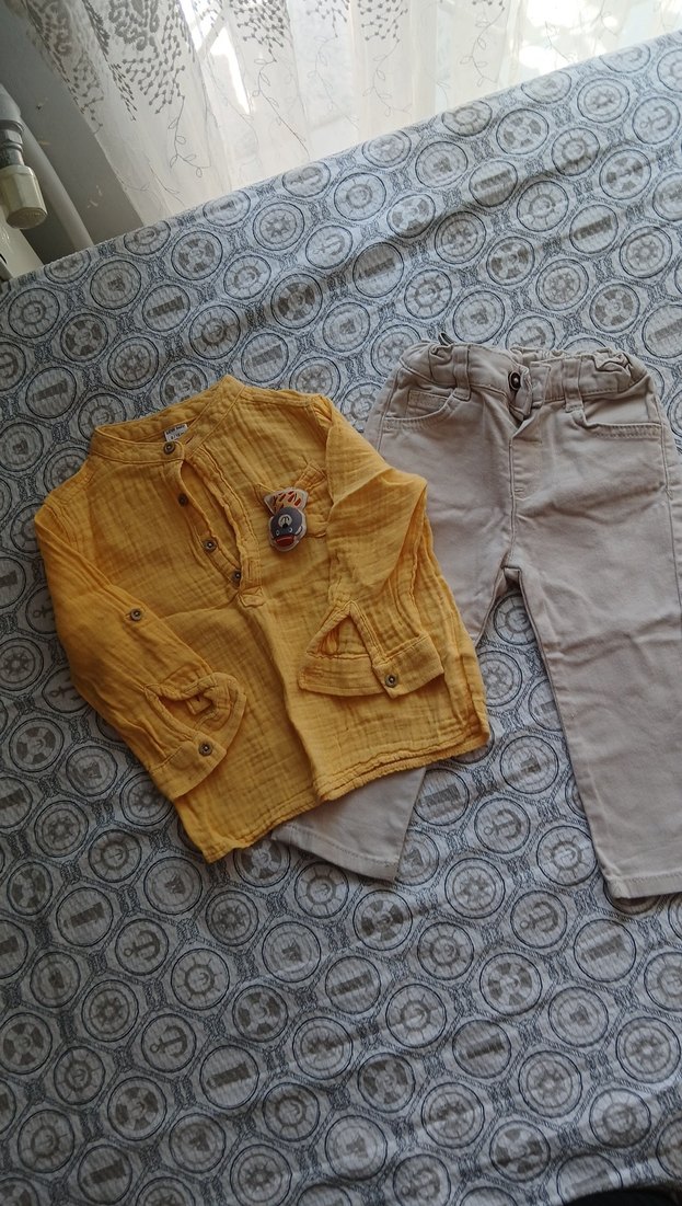 Sarı Düğmeli Bebek Erkek Keten Takım - Görsel 2