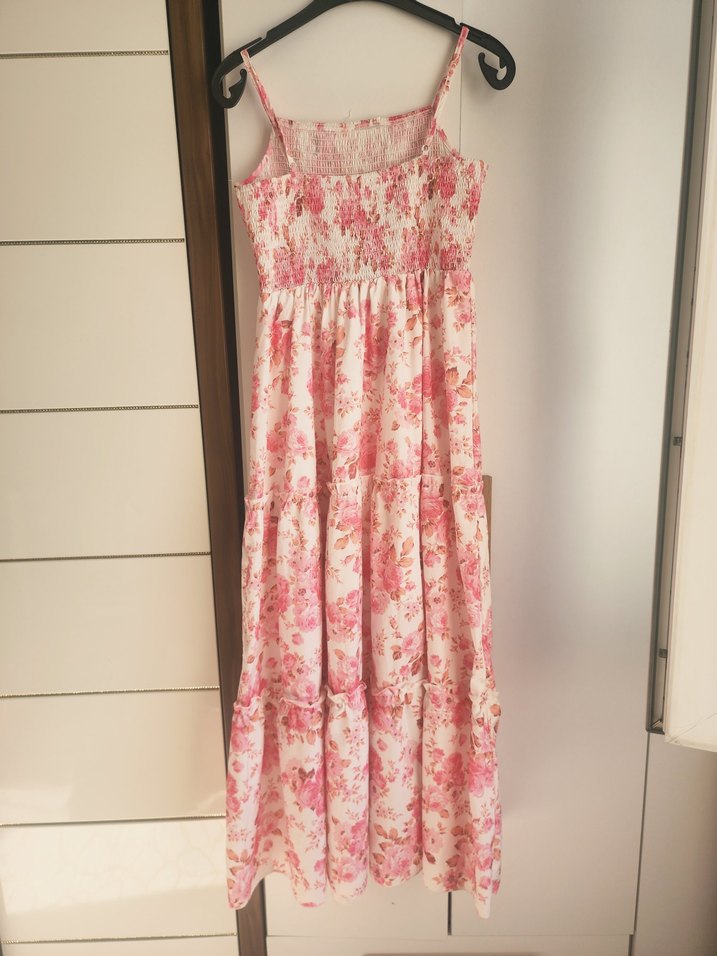 Pembe Uzun Askılı Fırfırlı Bohem Elbise - Görsel 2