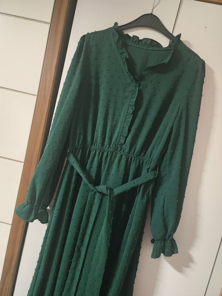 Yeşil Uzun Keten Elbise, Kuşaklı, Bohem Stil - Görsel 2