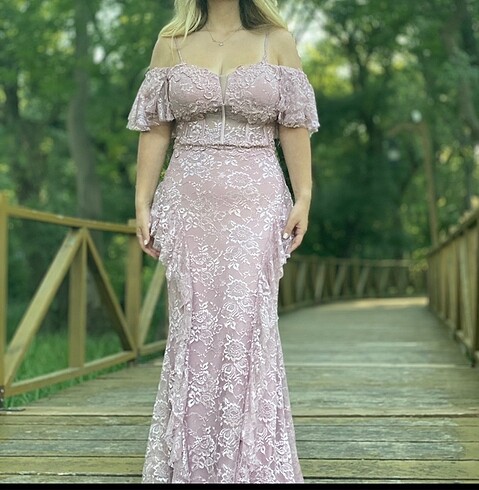 Toz pembe Abiye elbise