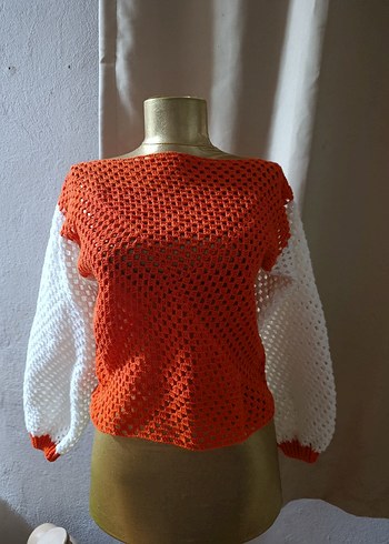 Turuncu Beyaz Örgü Bohem Kadın Kazak - Görsel 2