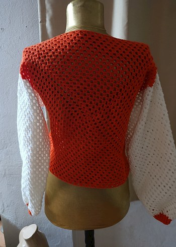 Turuncu Beyaz Örgü Bohem Kadın Kazak - Görsel 3